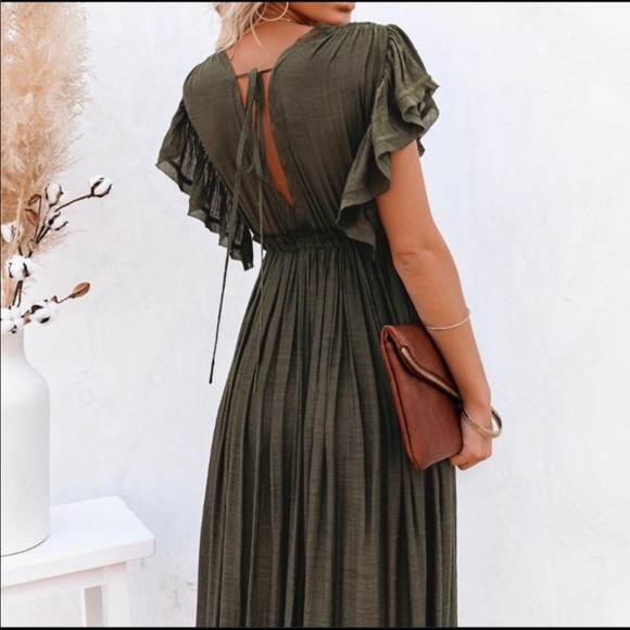 New Bohemian Long Olive Green Maxi Summer Ruffled sleeves Dress - Picture 3 of 7